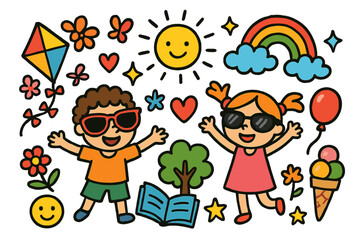 Playful Outdoor Doodles. Colorful Hand-drawn doodle Children illustration Fun Outdoors with Sunglasses sunglasses, kite, balloon, rainbow, sun,