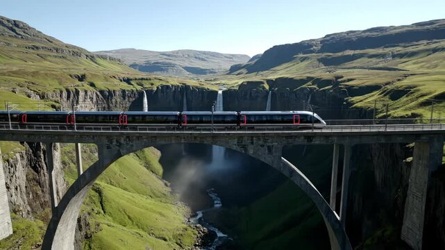 High-speed train crossing a majestic bridge over a deep canyon with a waterfall