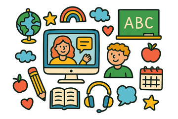 Fototapeta premium Virtual Classroom Doodles. Colorful Hand-drawn doodle Children illustration Virtual Classroom [computer, teacher, student, chalkboard, book, pencil,