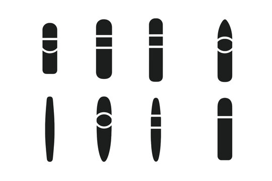 Cigar Icon Set. Solid, filled icon set of cigar types: robusto, corona, churchill, torpedo, panatela, perfecto, lancero, maduro. Solid, filled icons in only