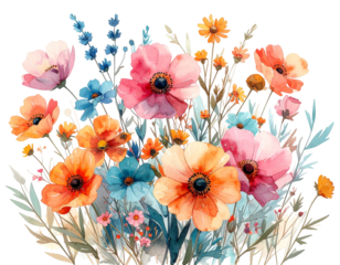 Vibrant floral bouquet, featuring a profusion of poppy-like blooms in varying shades of pink, orange, and peach, accented by teal and lavender sprigs