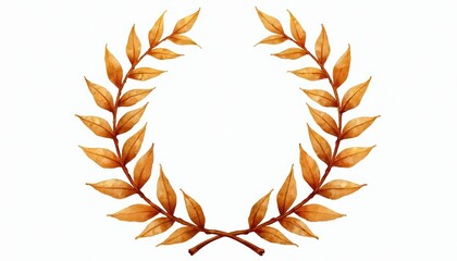 Golden laurel wreath illustration, watercolor style, isolated on white background. Natural plant branches with leaves form circle, evoking victory, achievement. Elegant decoration for awards,