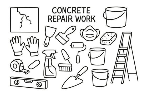 Concrete Repair Tools. Hand-drawn doodle illustration Concrete repair work [cracked wall, filler knife, patching bucket, gloves, mask, scraper, trowel, sponge,
