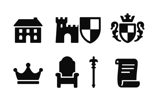 Peerage Estate Icons. Solid, filled icon set of peerage estates: manor house, castle, heraldic shield, coat of arms, crown, throne, scepter, peerage scroll.