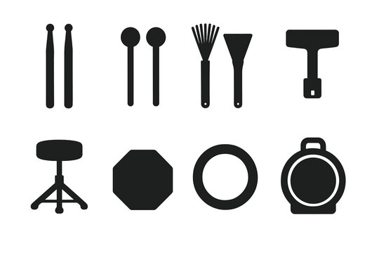 Drum Accessory Icons. Solid, filled icon set of drum accessories: drumsticks, mallets, brushes, drum key, drum throne, practice pad, drum muffler, drum case.