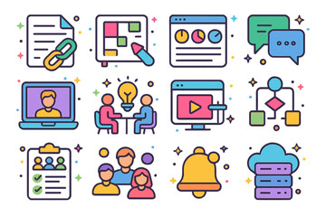 Digital Collaboration Icons. Digital Collaboration. Colorful isometric vector icons set of digital collaboration: shared document, online whiteboard, project