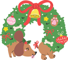 Christmas Dog Dachshund Wreath Illustration Cartoon
