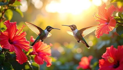 Naklejka premium Two hummingbirds in vibrant flight, surrounded by lush red hibiscus flowers, bathed in warm sunlight, creating a captivating scene of nature's beauty.