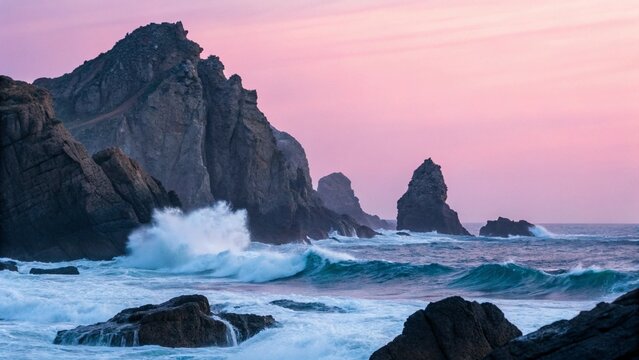 Dramatic Sea Stacks in the Ocean Under a Pink and Purple Sky
A Surreal Seascape at Sunset with a Vibrant Sky and Rock Formations
Coastal Serenity with Majestic Rocks and a Colorful Horizon - Powered by Adobe