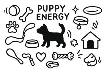 Fototapeta premium Puppy Energy Icons. Hand-drawn doodle illustration Puppy Energy [puppy silhouette, bouncing ball, paw print, bone, leash, collar, sparkle, star, frisbee, water