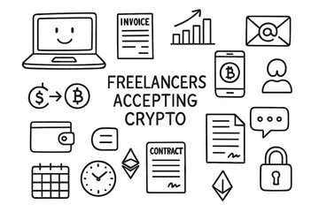 Crypto Freelancer Tools. Hand-drawn doodle illustration [Freelancers accepting crypto] [laptop, invoice, dollar to bitcoin arrow, smartphone, email icon,