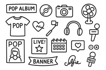 Pop Culture Icons. Hand-drawn doodle illustration pop album promotion CD cover, vinyl record, camera, fan heart, signature, branded t-shirt, selfie stick,