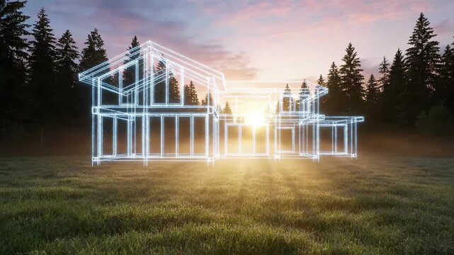 Illusionary blueprint of a modern home set in a sun-drenched forest clearing at dawn, concept of innovative construction and sustainable living