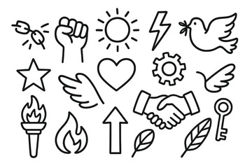 Fototapeta premium Symbolic Freedom Icons. Hand-drawn doodle illustration Liberation broken chains, fist raised, sun, lightning bolt, dove, star, heart, wings, gear, torch,