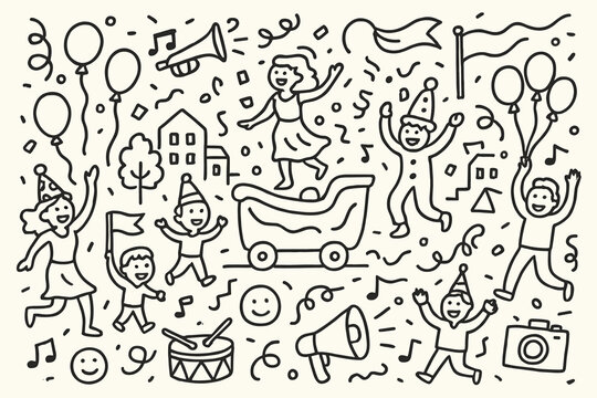 Festive Parade Doodle. Hand-drawn doodle illustration Festive parade with joyful crowds balloons, confetti, drum, trumpet, parade float, dancing people,