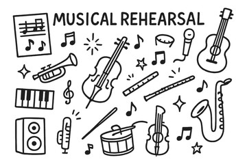 Musical Rehearsal Doodle. Hand-drawn doodle illustration Musical Rehearsal [sheet music, violin, guitar, piano, flute, trumpet, microphone, drum, sparkle,