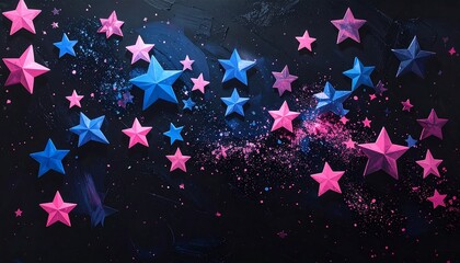 Pink and blue stars scattered on dark background with glitter