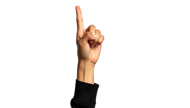 Close-up of a hand, light-skinned, pointing upward