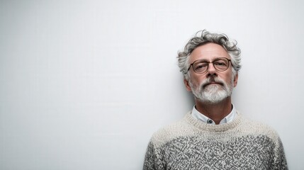 Thoughtful Senior Man with Glasses in Cozy Sweater Against a Minimalist Background