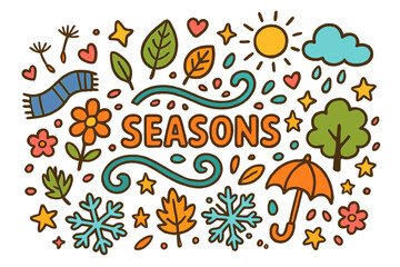Seasonal Doodle Elements. Seasons. Colorful Hand-drawn doodle Children illustration swirl, leaf, snowflake, flower petals, sun, cloud, heart, star, feather,
