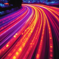 Dynamic light trails curve through vibrant colors