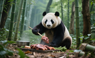 Fototapeta premium Panda skillfully cooks meat over an open fire pit