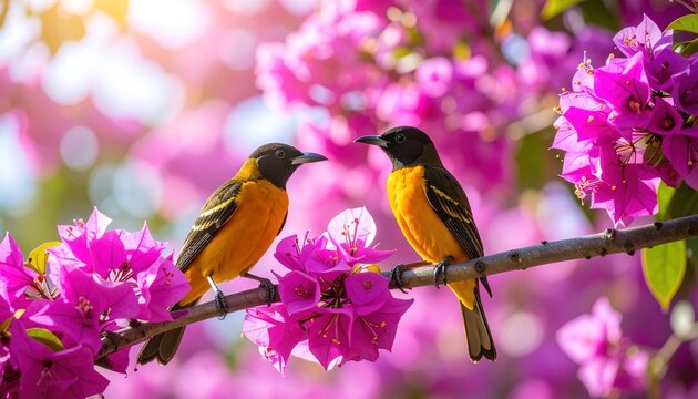 Two vibrant orange-and-black birds perch amidst a profusion of bright pink flowers, creating a picturesque scene of spring beauty.