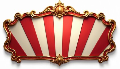 Bold red, white circus marquee with ornate golden details, perfect for events. Vintage decoration signs for entertainment festival, carnival design background pattern, frame for fun playful artistic