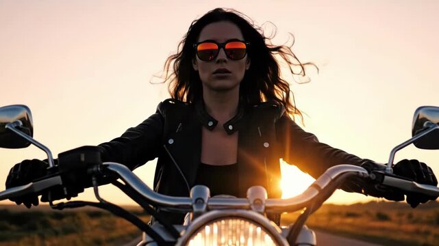 Independent woman in sunglasses and a leather jacket rides a motorcycle into the glowing sunset on an open highway