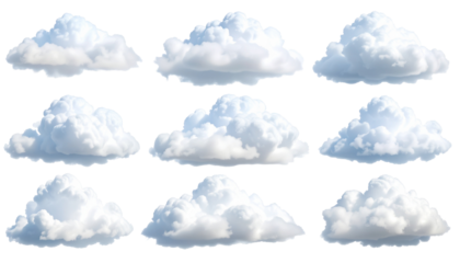 Twelve individual, stylized cloud shapes.  Each cloud is a light gray, white, and hints of blue.  Soft, puffy forms with visible detail in the cloud texture.  