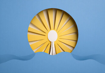 Sunrise paper cut poster with yellow sun rays, blue sky, and abstract ocean waves, cheerful and creative design, suitable for summer or nature themes