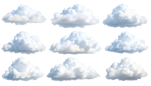 Twelve individual, stylized cloud shapes.  Each cloud is a light gray, white, and hints of blue.  Soft, puffy forms with visible detail in the cloud texture.  