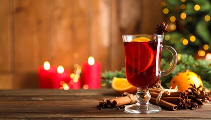 Festive spiced drink on wooden table