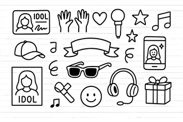 Idol Fan Doodle. Hand-drawn doodle illustration pop idol fan culture autograph card, cheering hands, heart icon, light stick, star, music note, banner, cap,