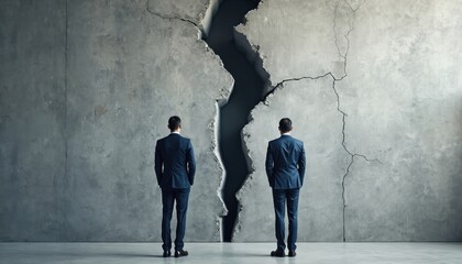 Two businessmen in suits face large cracked concrete wall, business obstacles, communication breakdown. Contemplate challenges, potential resolutions for strategic planning, leadership decisions.