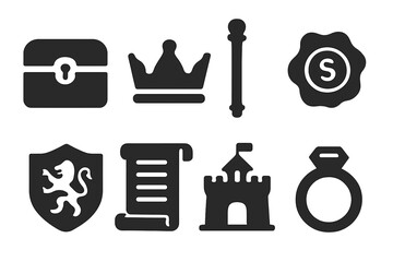 Royal Heirloom Icons. Solid, filled icon set of heir possessions: treasure chest, crown, scepter, royal seal, family crest, ancient scroll, castle, golden