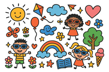 Fototapeta premium Playful Outdoor Doodles. Colorful Hand-drawn doodle Children illustration Fun Outdoors with Sunglasses sunglasses, kite, balloon, rainbow, sun,
