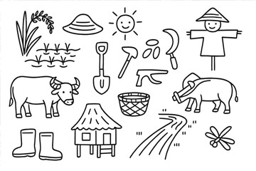 Rice Paddy Doodles. Hand-drawn doodle illustration Rice Paddy [rice plant, water field, farmer hat, buffalo, wooden plow, shovel, sickle, rice grains, basket,