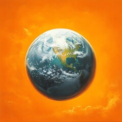 Earth, a vibrant blue and green sphere, centrally positioned against a fiery orange sky.  Clouds swirl around the orb