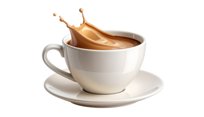 A white ceramic coffee cup, overflowing with a light brown liquid, with a splash
