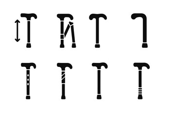 Cane Feature Icons. Solid, filled icon set of cane features: adjustable height, foldable, curved grip, rubber tip, decorative inlay, leather grip, metal