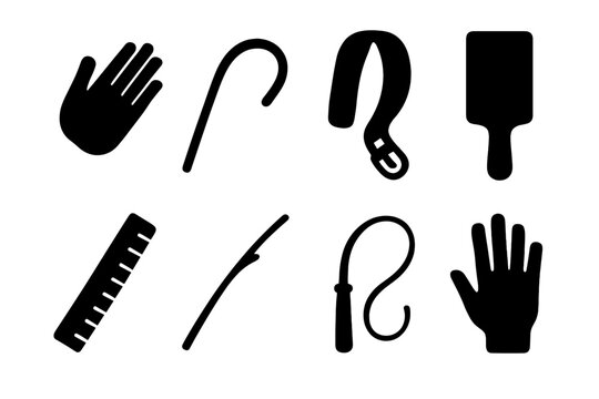 Tools Icon Set. Solid, filled icon set of corporal punishment: spanking hand, cane, belt, paddle, ruler, switch, whip, handprint. Solid, filled icons in only
