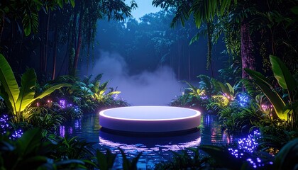 A glowing, circular platform sits serenely amidst a vibrant, nocturnal jungle scene, bathed in luminous, pastel hues.