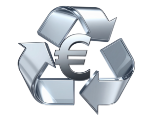 Metallic Silver Euro Symbol with Circular Arrows Isolated PNG