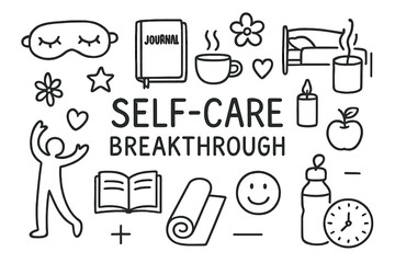 Self-Care Essentials Icons. Hand-drawn doodle illustration Self-care breakthrough sleep mask, journal, tea cup, bed, flower, star, heart, candle, water bottle,