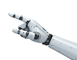 Detailed close-up of a white robotic arm and hand, pointing