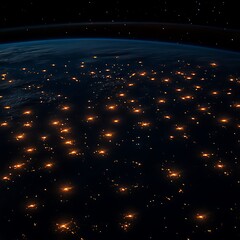 Earth at night, illuminated by city lights.  A view from space