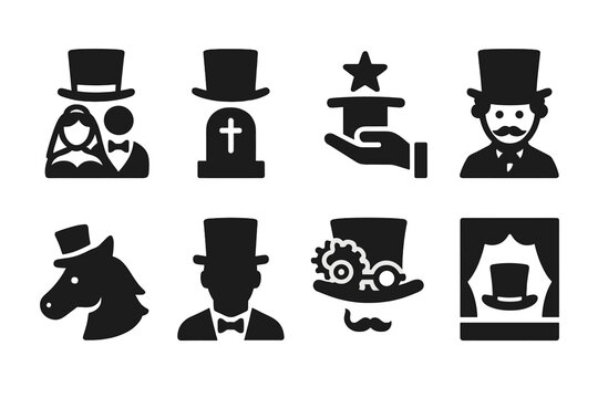 Top Hat Icon Grid. Solid, filled icon set of top hat occasions: wedding, funeral, magician show, Victorian era, horse race, formal gala, steampunk event,