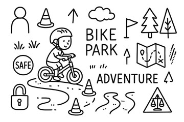 Bike Park Adventure. Hand-drawn doodle illustration Bike park adventure training bike, cones, balance icon, child helmet, parent figure, trees, flags, arrows,