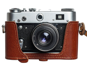 Front view of a vintage camera with leather case.  The camera is silver-toned with black accents, and a brown leather case.  It appears well-preserved